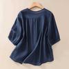 Women's Summer 3/4 Sleeve Cotton Linen Tops Vintage Mexican Embroidered Shirts Casual V Neck Boho Blouse Oversize Navy view 3