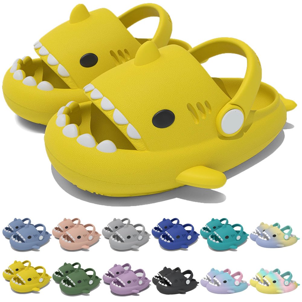 Jfxgjuv Sharklas Kids, Sharklas Originales Kids, Shark Slides Kids with Strap, Chanclas De Tiburon, Sharky Chanclas Kids Non-Slip Thick Sole Open Toe Shark Sandals (Yellow,11-11.5 Little Kid)