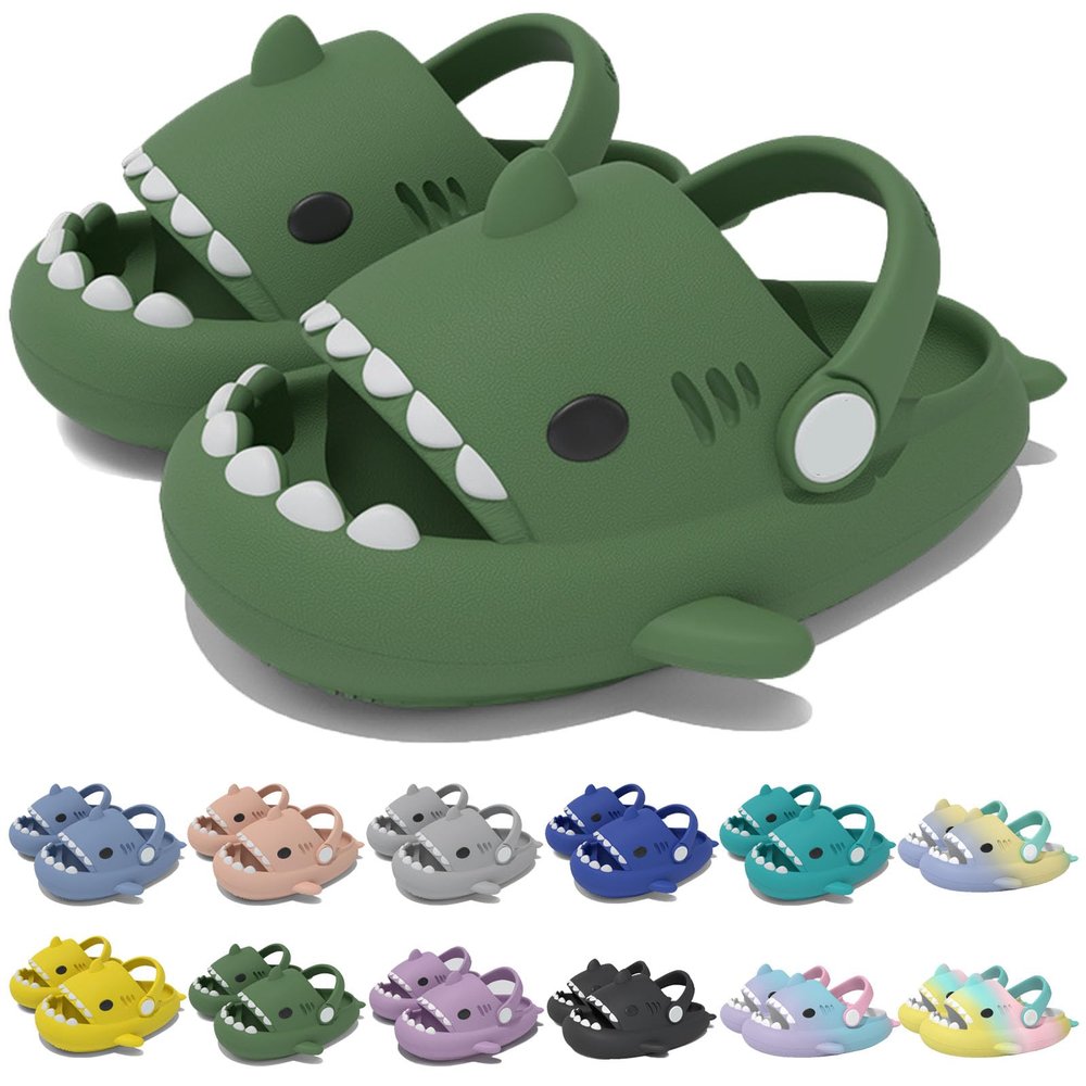 Jfxgjuv Sharklas Kids, Sharklas Originales Kids, Shark Slides Kids with Strap, Chanclas De Tiburon, Sharky Chanclas Kids Non-Slip Thick Sole Open Toe Shark Sandals (Dark Green,6-6.5 Toddler)