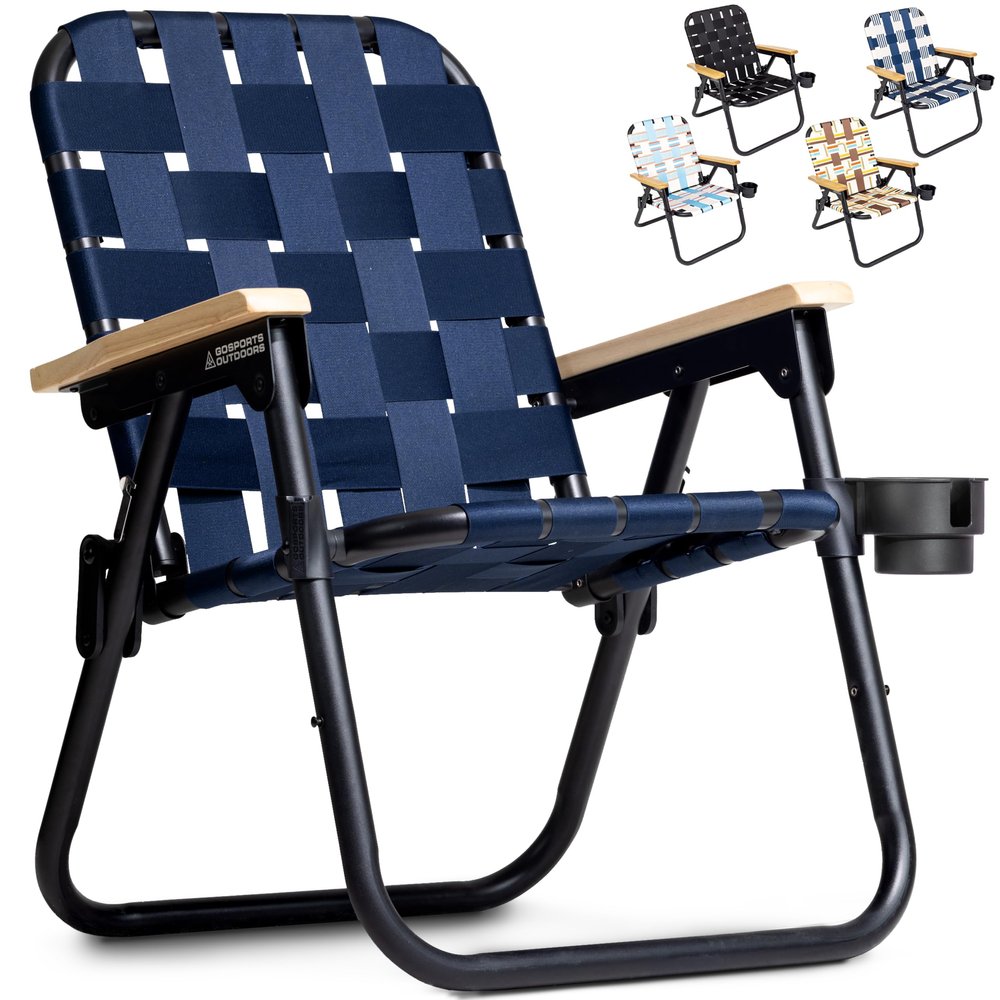 GoSports Outdoors WOVN Beach Backpack Chair - Premium Folding Camping Chair - 9 Styles Available - Navy