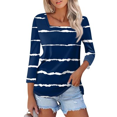 3/4 Length Sleeve Womens Tops,Basic Striped Tshirts Shirts Summer 2024 Gym Blouse Plus Size Athletic Tunic Top