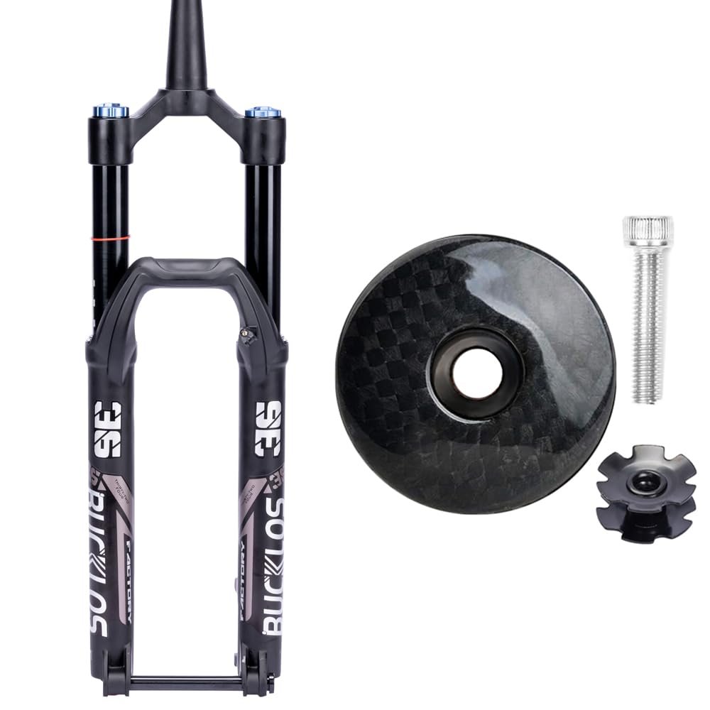 BUCKLOS MTB Air Suspension Fork 29 110 * 15mm Boost AM E-Bike Tapered, Travel 160mm 36mm Inner TubeThru Axle Front Forks & Shiny Carbon Fiber Headset Top Cap and Star Nut