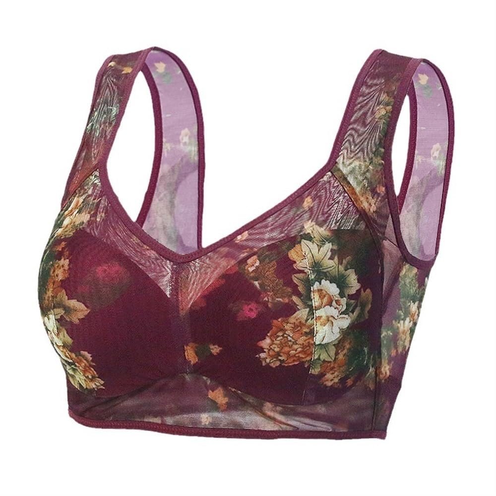 HONGFSM Summer Ultra-thin Floral Print Bra Wireless Comfort Sports Bralette Plus Size Seamless Push Up Bras for Mature Women(Purple,6X-Large)
