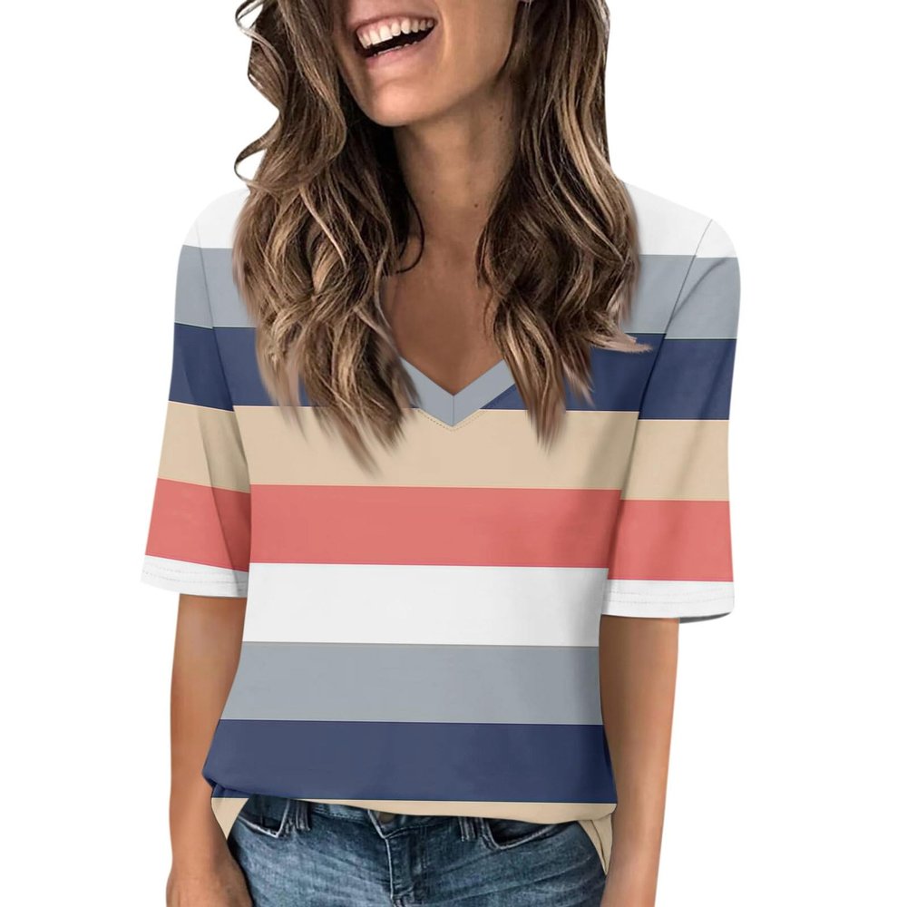 2025 Elbow Length Tops for Women V Neck T Shirts Casual Half Sleeve Tops Basic Summer Tees Light Pink