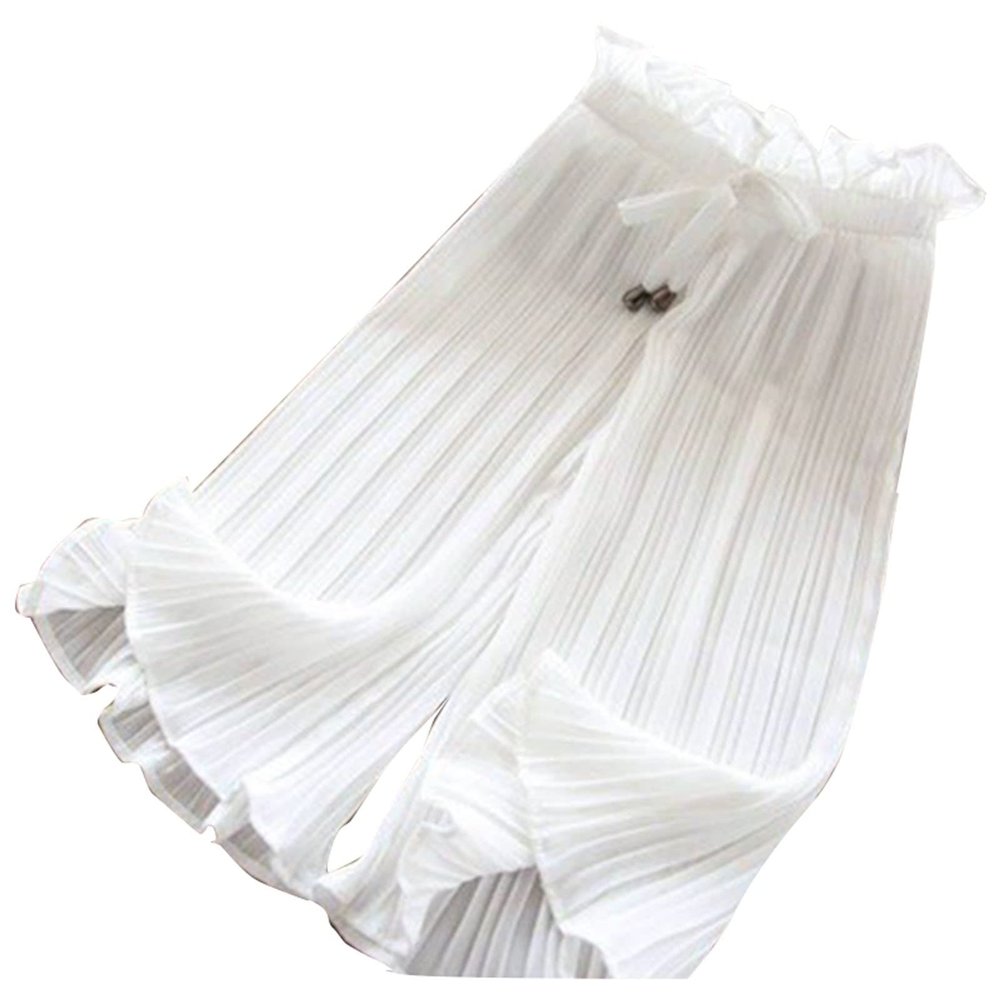 NineFit Basics Toddler Girls Wide Leg Palazzo Pants Flowy Ruffle Loung Stretchy Ankle Pants High Waisted Casual (White, 3-4 Years)