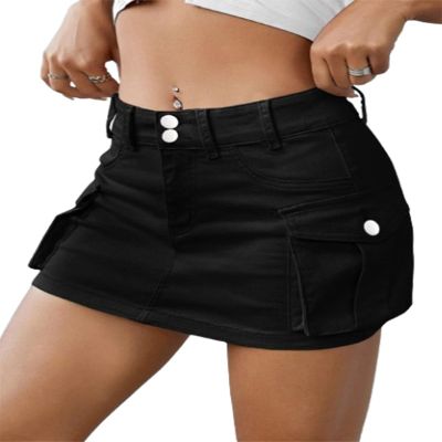 ZYPNCWOM Women Mini Skirts Summer Buttons Skirts,Button Skirts for Women,Women Denim Cargo Skirt,Bodycon Cargo Skirt (Black,X-Large)