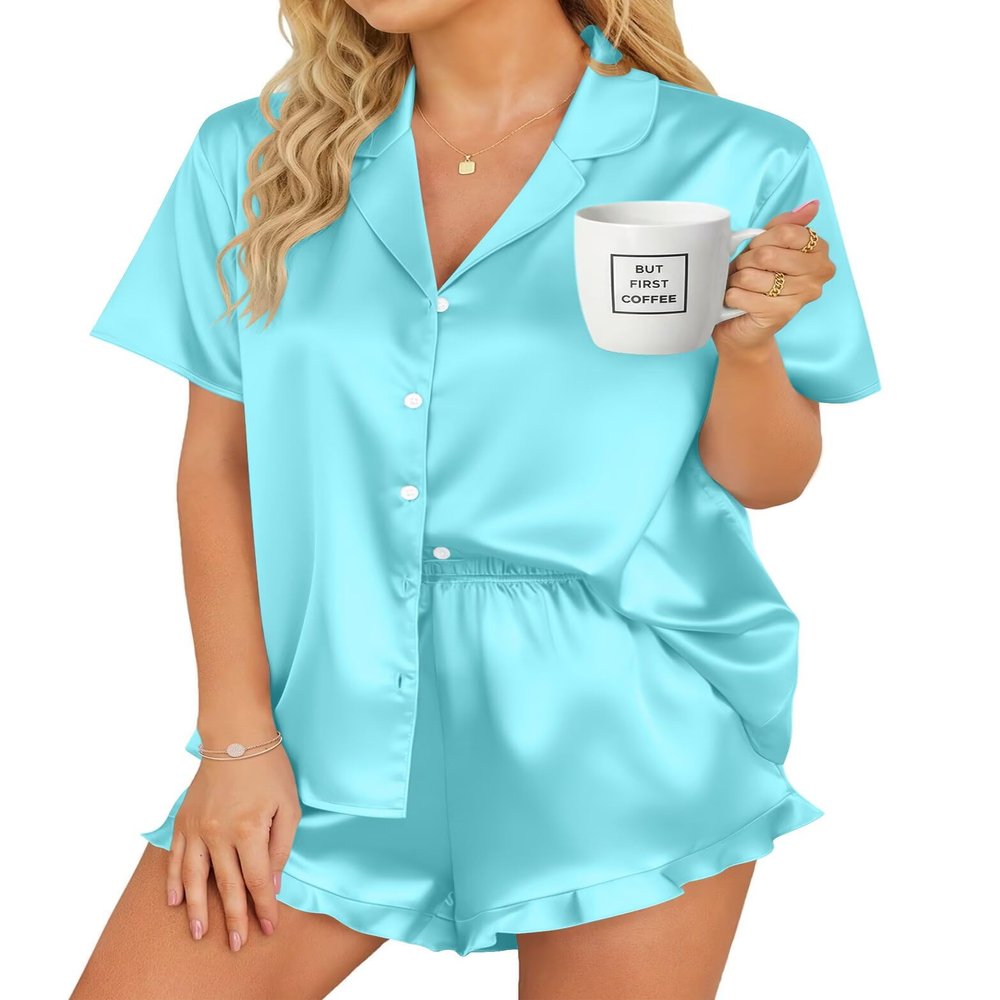 SWOMOG Women Silk Satin Pajamas Set Short Sleeve Button Down Sleepwear Ruffle Hem Shorts PJ Sets 2 Piece Loungewear Light Blue