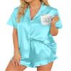 SWOMOG Women Silk Satin Pajamas Set Short Sleeve Button Down Sleepwear Ruffle Hem Shorts PJ Sets 2 Piece Loungewear Light Blue view 1