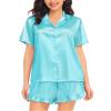 SWOMOG Women Silk Satin Pajamas Set Short Sleeve Button Down Sleepwear Ruffle Hem Shorts PJ Sets 2 Piece Loungewear Light Blue view 3