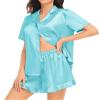 SWOMOG Women Silk Satin Pajamas Set Short Sleeve Button Down Sleepwear Ruffle Hem Shorts PJ Sets 2 Piece Loungewear Light Blue view 4