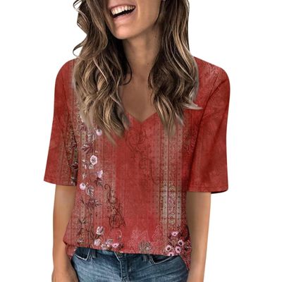 Elbow Length Tops for Women V Neck T Shirts Summer Casual Half Sleeve Tops
