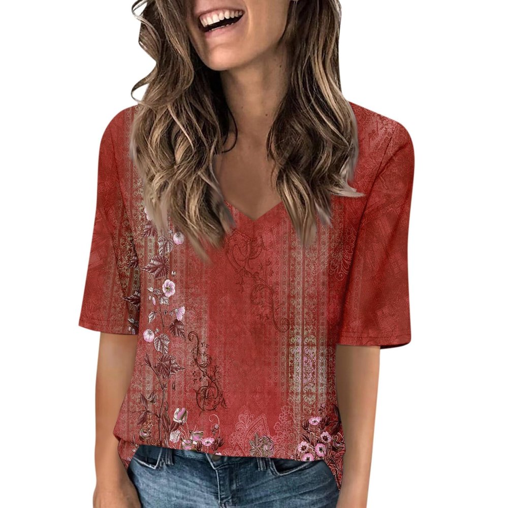 Elbow Length Tops for Women V Neck T Shirts Summer Casual Half Sleeve Tops