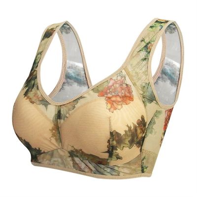 HONGFSM Summer Ultra-Thin Floral Print Bra Wireless Comfort Sports Bralette Plus Size Seamless Push Up Bras for Mature Women(Skin,XX-Large)