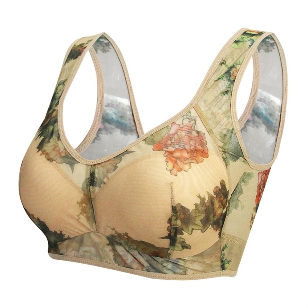 HONGFSM Summer Ultra-Thin Floral Print Bra Wireless Comfort Sports Bralette Plus Size Seamless Push Up Bras for Mature Women(Skin,XX-Large)