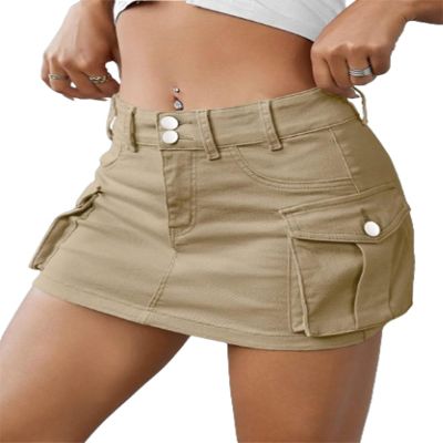 Women Mini Skirts Summer Buttons Skirts,Button Skirts for Women,Women Denim Cargo Skirt,Bodycon Cargo Skirt (Khaki,X-Large)