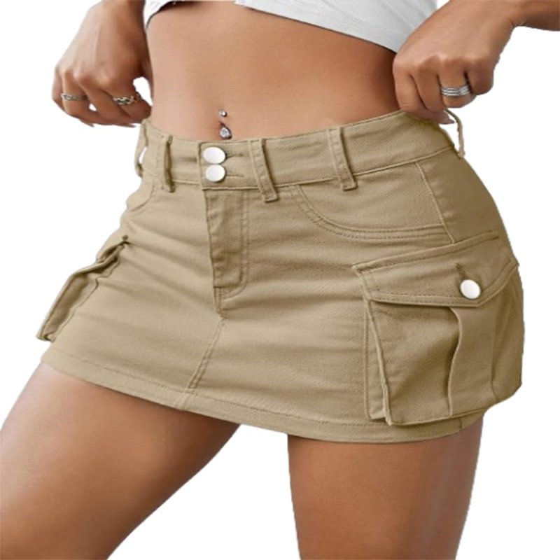 Women Mini Skirts Summer Buttons Skirts,Button Skirts for Women,Women Denim Cargo Skirt,Bodycon Cargo Skirt (Khaki,X-Large)
