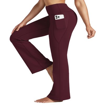 Willit Women's Yoga Pants Flare Leggings Bootcut High Waist Tummy Control Workout Pants with Pockets 31" Wine Red XXL