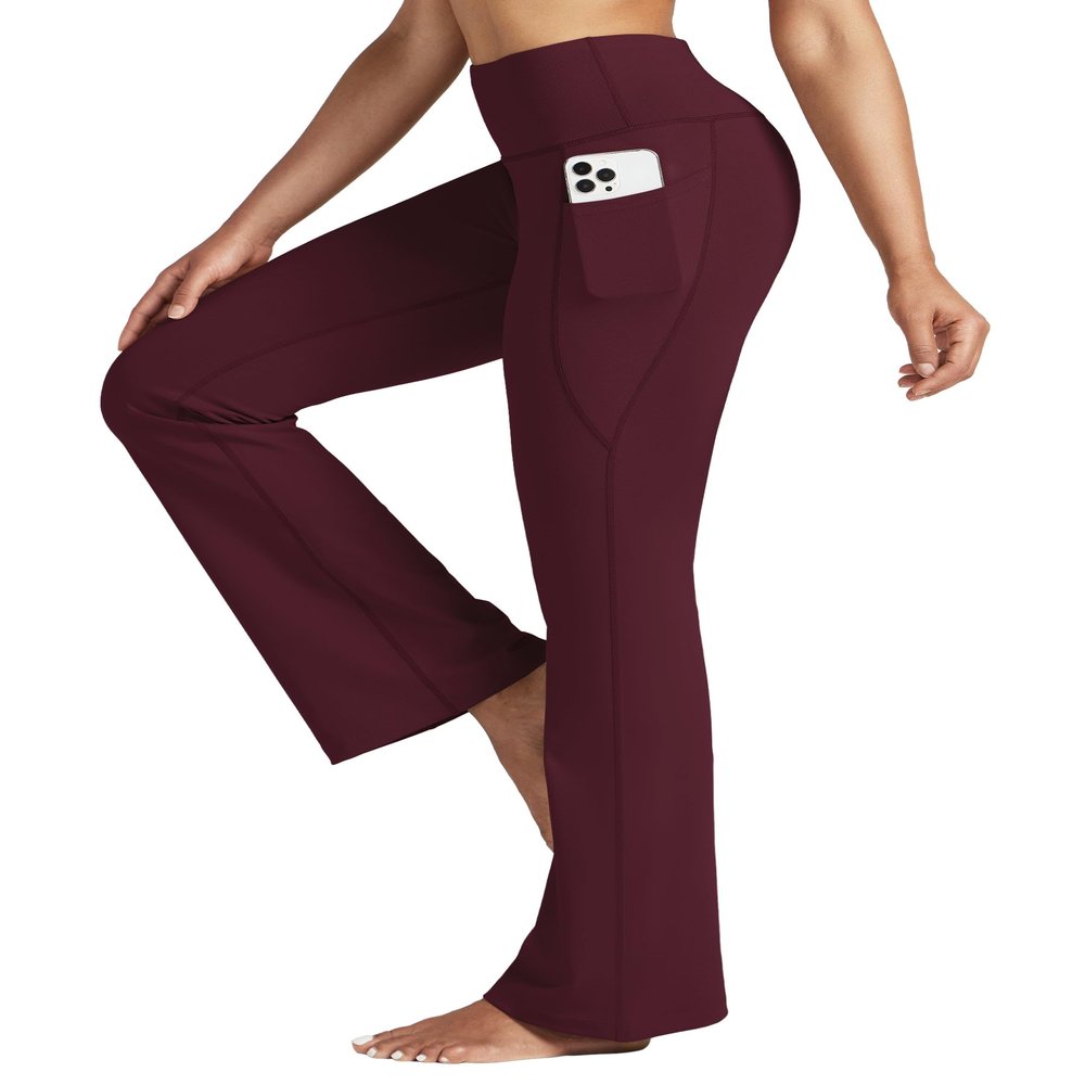 Willit Women's Yoga Pants Flare Leggings Bootcut High Waist Tummy Control Workout Pants with Pockets 31" Wine Red XXL