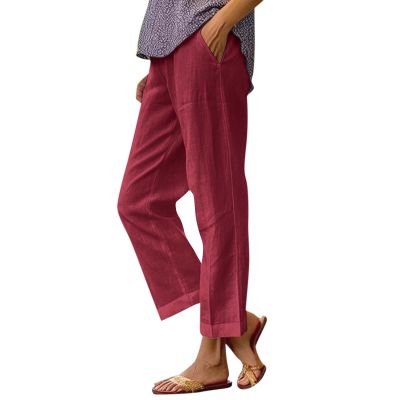 Women Elastic Waist Straight Leg Plus Size Crop Pants Baggy Linen Pants for 's Linen Summer Linen Capri Pants Flowy Wide Leg Beach Pants with Pockets Linen Clothes for Women Petite