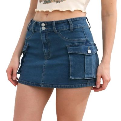 Women Mini Skirts Summer Buttons Skirts,Button Skirts for Women,Women Denim Cargo Skirt,Bodycon Cargo Skirt (Blue,X-Large)