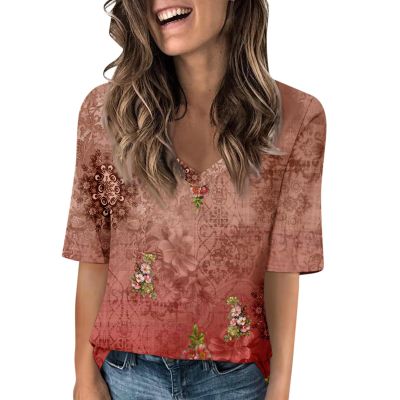 Elbow Length Tops for Women V Neck T Shirts Summer Casual Half Sleeve Tops