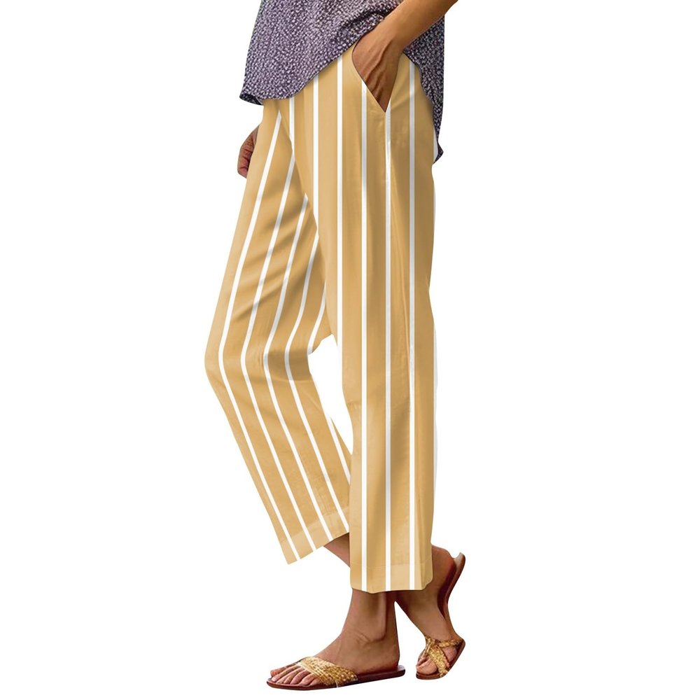 Baggy Linen Capri Pants Women Linen Capri Pants for Women Straight Leg Casual Summer Elastic High Waisted Drawstring Lightweight Cropped Trousers Linen Clothes for Women Petite