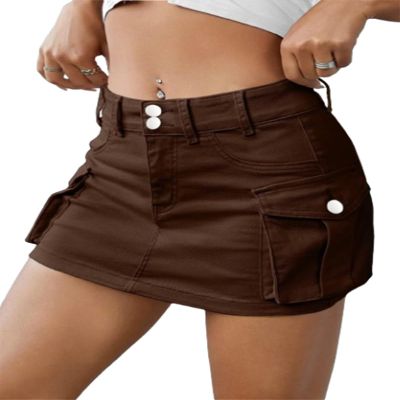 Women Mini Skirts Summer Buttons Skirts,Button Skirts for Women,Women Denim Cargo Skirt,Bodycon Cargo Skirt (Dark brown,X-Large)