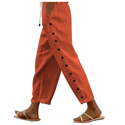 Franterd Linen Capri Pants for Women 2024 Trendy Summer Casual Drawstring Straight Leg Pants Beach Elastic Waist Work Trouser