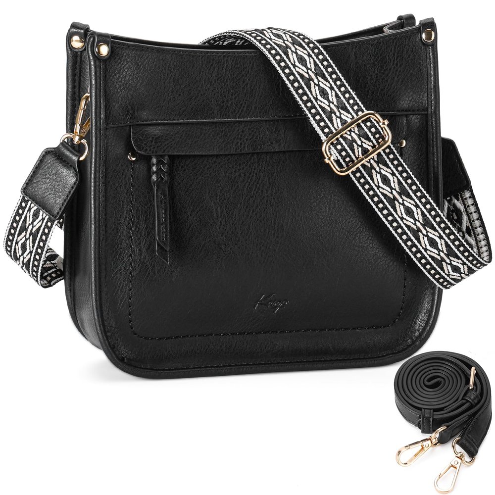 Kasqo Crossbody Bag for Women,Trendy Vegan Leather Handbags Hobo Purse Ladies Shoulder Bags With 2 Adjustable Guitar Strap for Travel Work Daily Black
