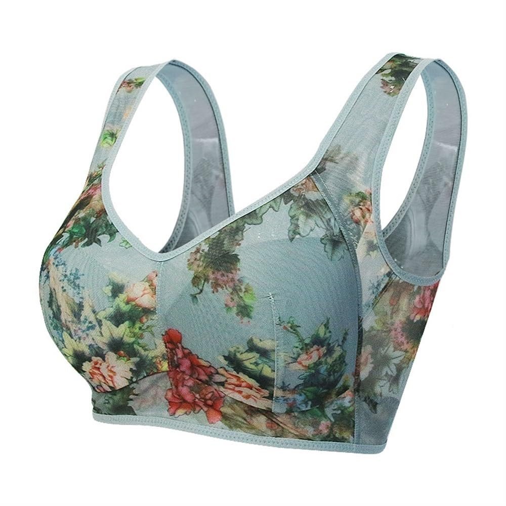HONGFSM Summer Ultra-thin Floral Print Bra Wireless Comfort Sports Bralette Plus Size Seamless Push Up Bras For Mature Women(Blue,4X-Large)