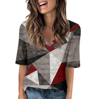 2025 Elbow Length Tops for Women V Neck T Shirts Casual Half Sleeve Tops Basic Summer Tees Light Red
