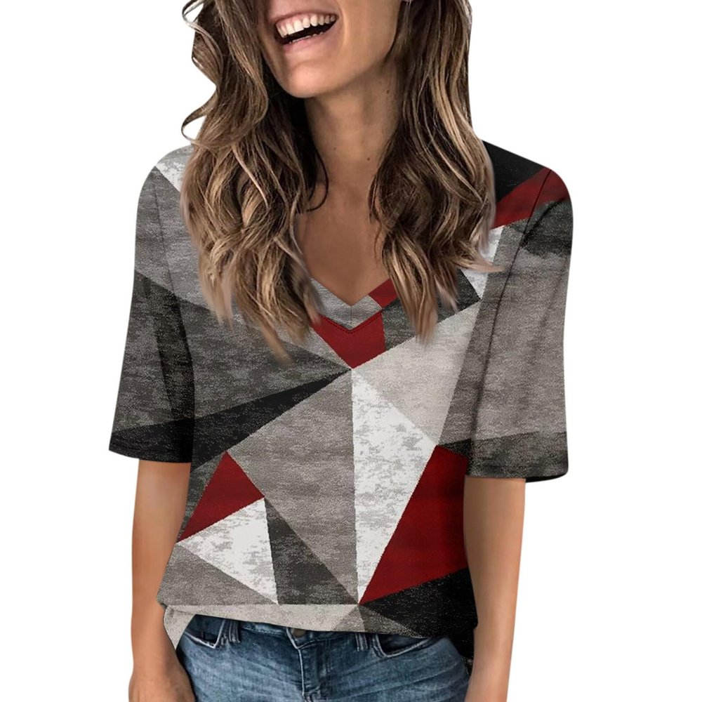 2025 Elbow Length Tops for Women V Neck T Shirts Casual Half Sleeve Tops Basic Summer Tees Light Red