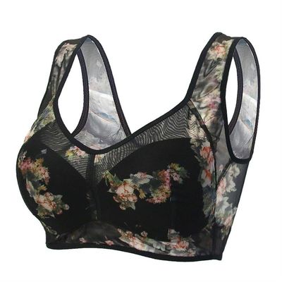 HONGFSM Summer Ultra-Thin Floral Print Bra Wireless Comfort Sports Bralette Plus Size Seamless Push Up Bras for Mature Women(Black,5X-Large)