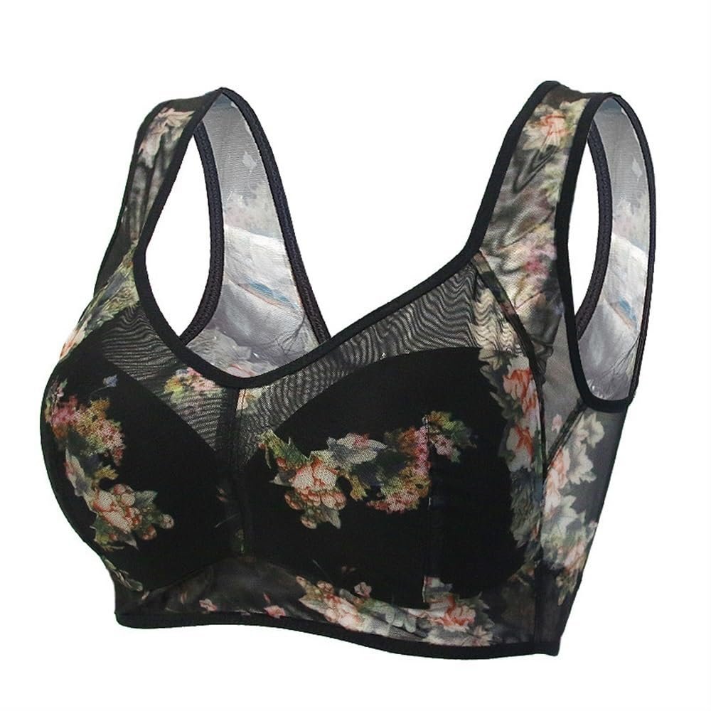 HONGFSM Summer Ultra-Thin Floral Print Bra Wireless Comfort Sports Bralette Plus Size Seamless Push Up Bras for Mature Women(Black,5X-Large)