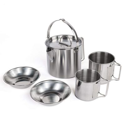 5-Piece Set of Outdoor Stainless Steel Kettle Folding Hanging Pot Camping Cookware Supplies