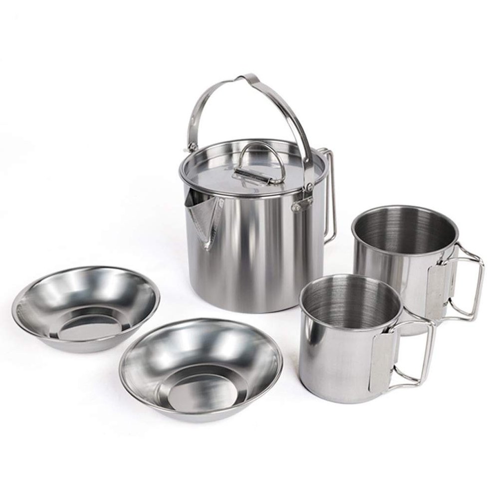 5-Piece Set of Outdoor Stainless Steel Kettle Folding Hanging Pot Camping Cookware Supplies