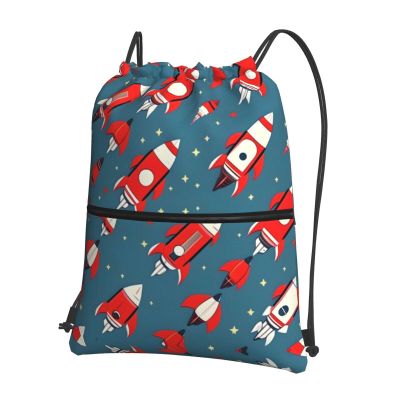 YQxwJL Cartoon Rockets Print Sports Drawstring Backpack with Zipper Pocket Gym Cinch Sack Bag for Men Women