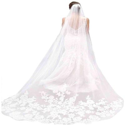 WOWBRIDAL Bride Wedding Lace Sequin Pearl Veils Long Cathedral Veil Soft Tulle Bridal Veils with Metal Comb 118"