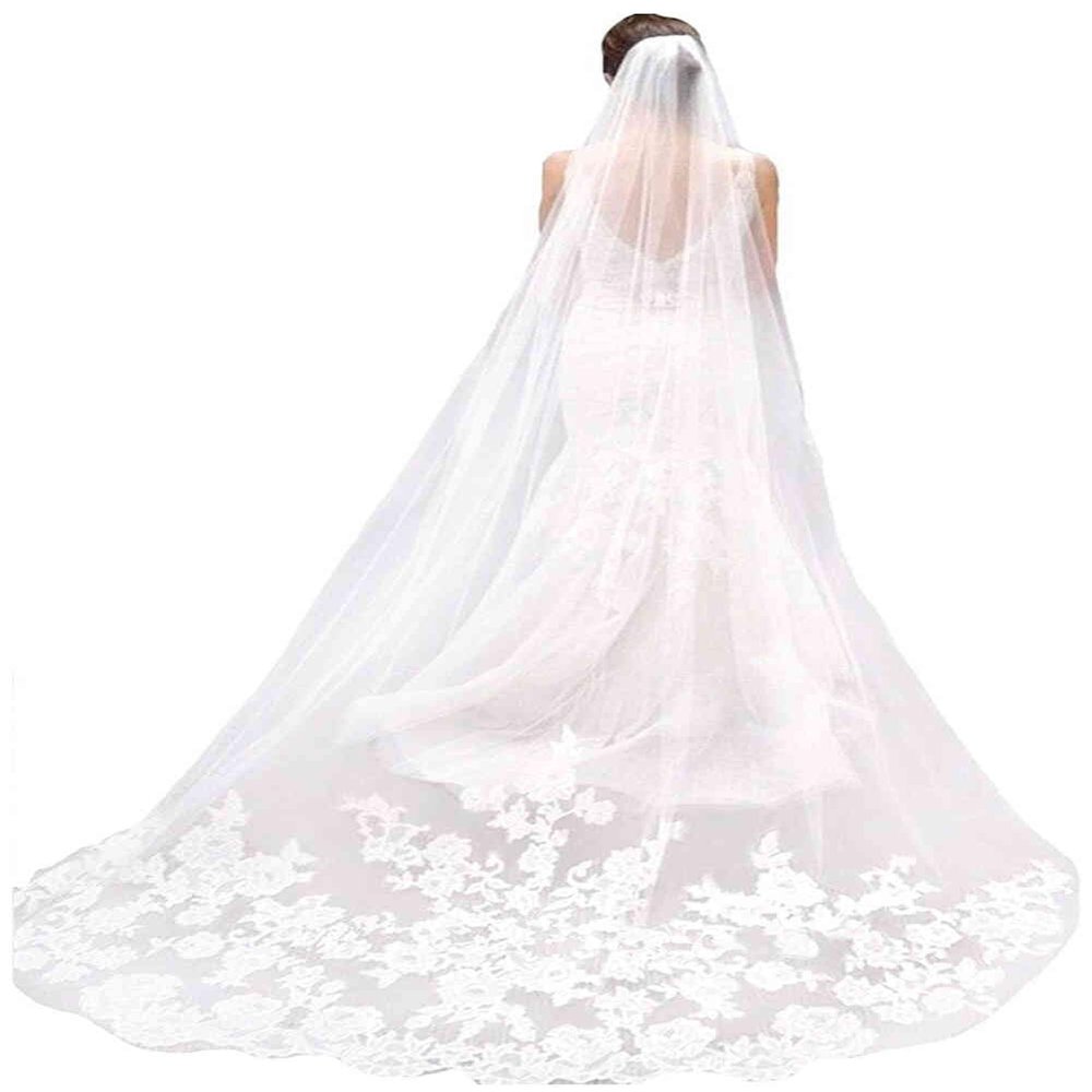 WOWBRIDAL Bride Wedding Lace Sequin Pearl Veils Long Cathedral Veil Soft Tulle Bridal Veils with Metal Comb 118"