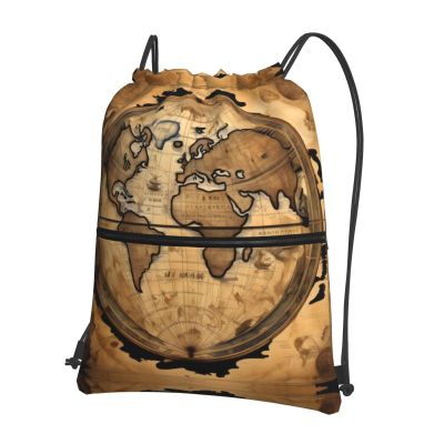 YQxwJL Ancient Map World Globe Print Sports Drawstring Backpack with Zipper Pocket Gym Cinch Sack Bag for Men Women, Black