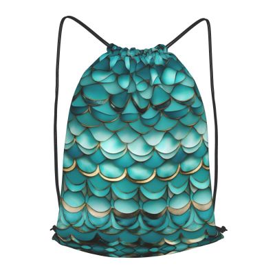 YQxwJL Mermaid Teal Fish Scale Print Sports Drawstring Backpack with Zipper Pocket Gym Cinch Sack Bag Unisex Backpack, Medium, Black
