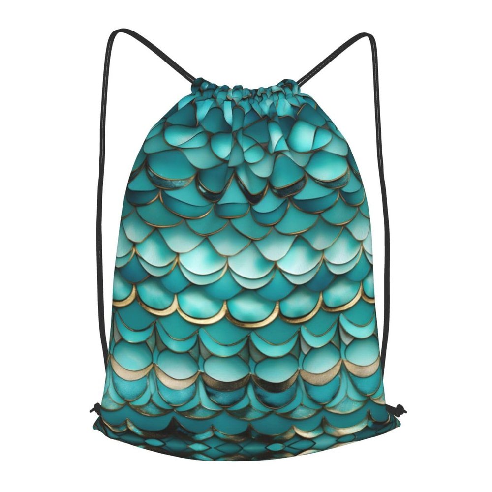 YQxwJL Mermaid Teal Fish Scale Print Sports Drawstring Backpack with Zipper Pocket Gym Cinch Sack Bag Unisex Backpack, Medium, Black