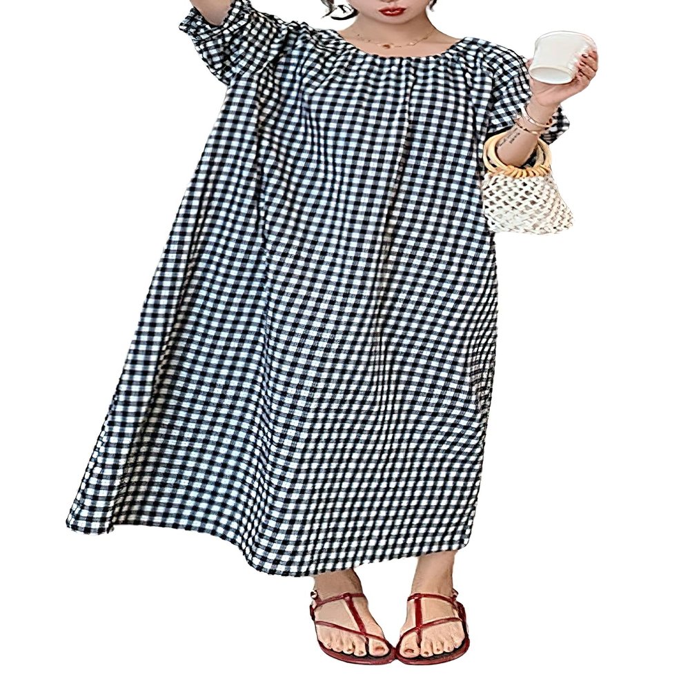chouyatou Women's Casual Gingham Loose-Fit Swing Dress Cotton Lantern Puff Sleeve Plaid Midi Long Dress (Medium,Black White)