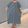 chouyatou Women's Casual Gingham Loose-Fit Swing Dress Cotton Lantern Puff Sleeve Plaid Midi Long Dress (Medium,Black White) view 4