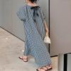 chouyatou Women's Casual Gingham Loose-Fit Swing Dress Cotton Lantern Puff Sleeve Plaid Midi Long Dress (Small,Black White) view 3