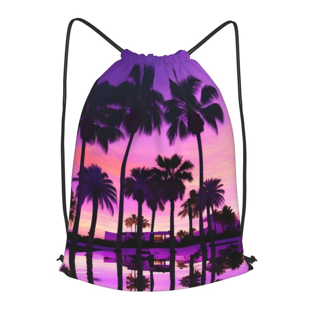 YQxwJL Palm Tree Purple Sunsets Print Sports Drawstring Backpack with Zipper Pocket Gym Cinch Sack Bag Unisex Backpack
