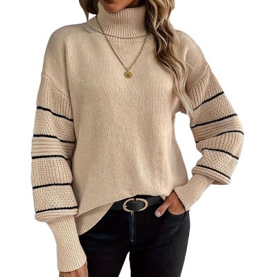 ZYYWAN Women's long-sleeved striped turtleneck loose sweater top knitted pullover (US, Alpha, X-Large, Regular, Regular, apricot)