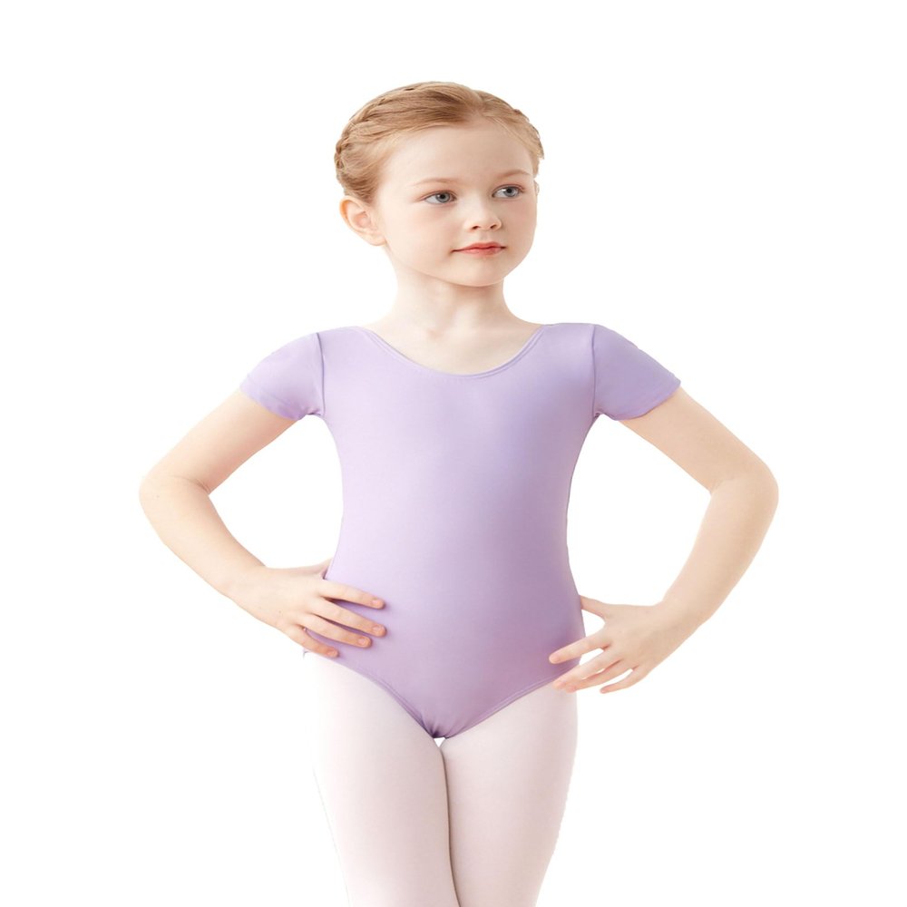Daydance Lined Purple Ballet Leotards for Toddler Girls, Short Sleeve Spandex Dance Wear Bodysuit