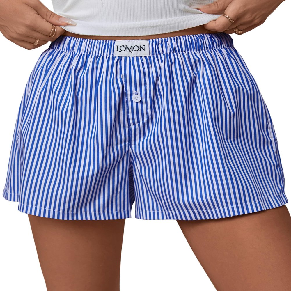 LOMON Womens Boxer Shorts Casual Summer 2026 Pajama Lounge Sleep Pj Striped Shorts Y2K Beach Bottoms (Blue White Striped M)