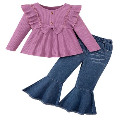 Sislerew Toddler Girl Clothes Solid Color Ruffle Bowtie Top and Flare Pants Headband 2Pcs Winter Baby Girl Outfits (Purple, 12-18Months)